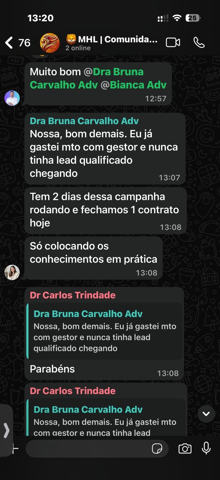 Conversa de WhatsApp da advogada Dra. Bruna Carvalho: fechou 1 contrato em 2 dias de campanha